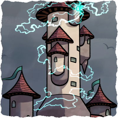 Soft-cel: An arcane academy in the center of a medieval village, with lightning crackling from the highest window.